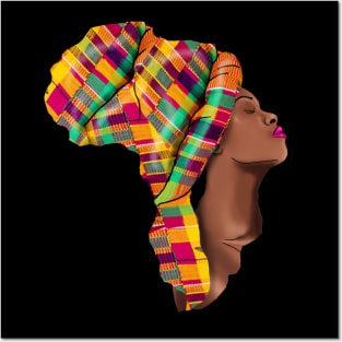 Melanin African Heritage Woman Kente Pattern Shape Of Map Of Africa Posters and Art